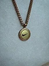 Nike Necklace - Nike Swoosh Circle Pendant - Gold Plated - 5mm Cuban 22" Chain