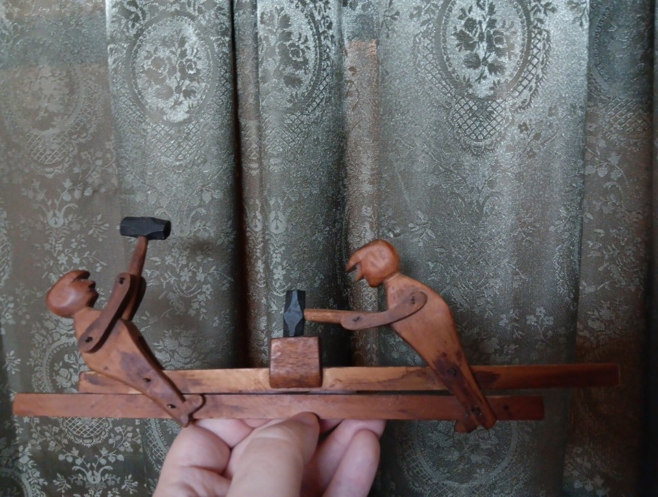 Antique Mechanical Wood Kinetic Toy Men Hammering Primitive Folk Art  AAFA OOAK