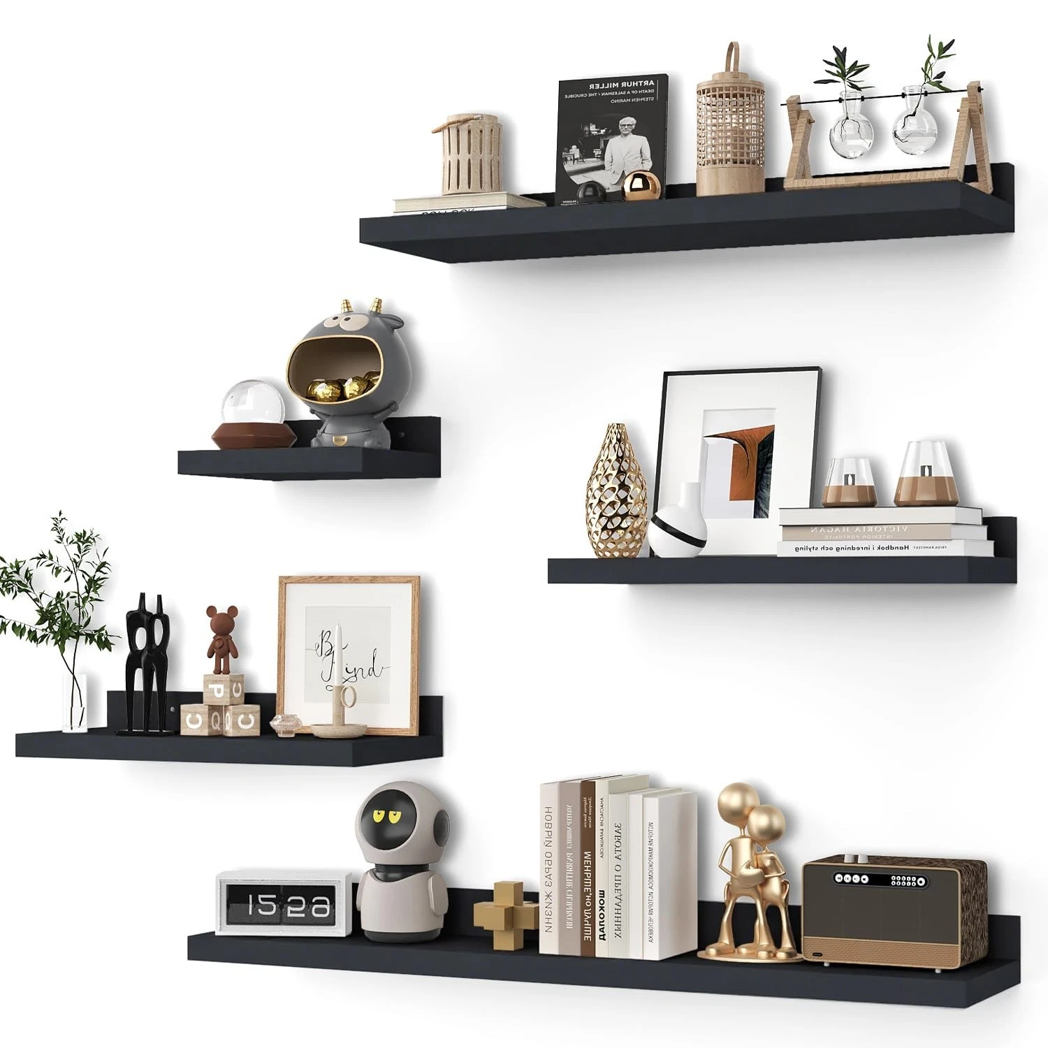 Set of 5 Black Floating Wall Shelves - 30 Inch Natural Wood Home Decor Storage D