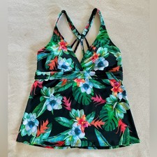 NWT Tropical Tankini Top L UPF 50 Black Floral Resort Cruise Vacation Swimwear