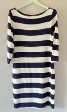 GAP Dress Navy Cream Striped Boat Neck Large 3/4 Sleeve Knit Stretch Casual