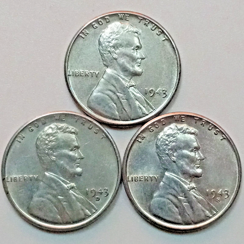 1943-P 1943-D 1943-S Lincoln Wheat Cent Set (WW2 Emergency Issue) High Grade Lot