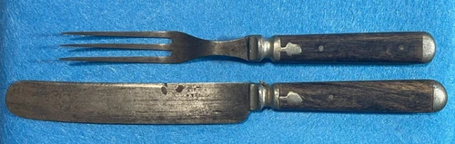 Pair of Old Civil War Era 3-Tine Fork & Knife Wood Handle Dinner Utensils