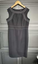 Ladies JAEGER Black Dark Navy Linen & Silk Blend Sleeveless Mid Dress - Size 14