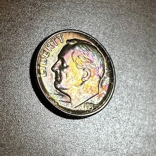 1955-S Roosevelt Silver Dime Gem Uncirculated Rainbow Toning