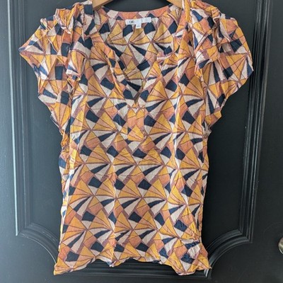 DR2 Geometric Print V Neck Ruffle Short Sleeve Blouse Top Women's L Lightweight