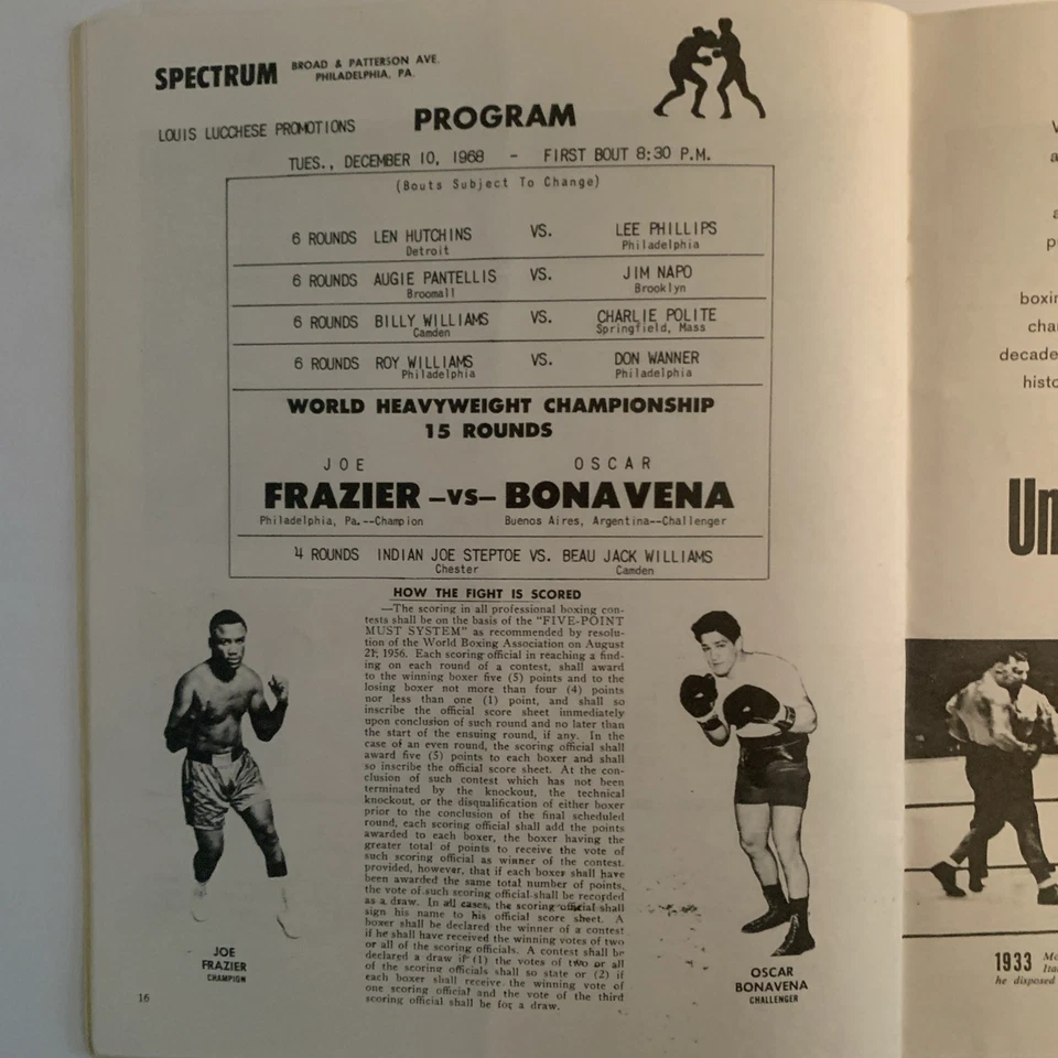 Joe Frazier-Oscar Bonavena 1968 Heavyweight Title Fight Program; Spectrum - Image 3 of 3