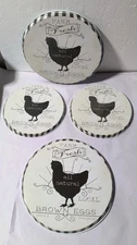 RANGE KLEEN STOVE BURNER COVERS FARM FRESH TIN METAL HEN BROWN EGGS SET (4)
