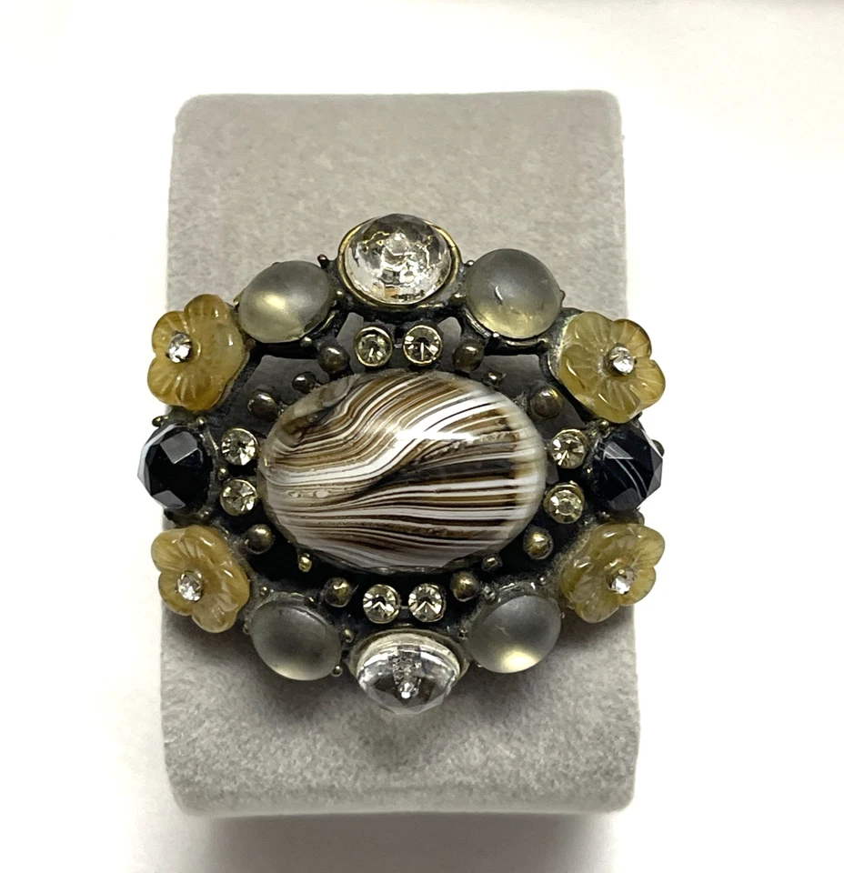 Broche colgante vintage de diamantes de imitación cabujón vidrio defectuoso ámbar marrón Gerard Yosca Foto 3 de 4