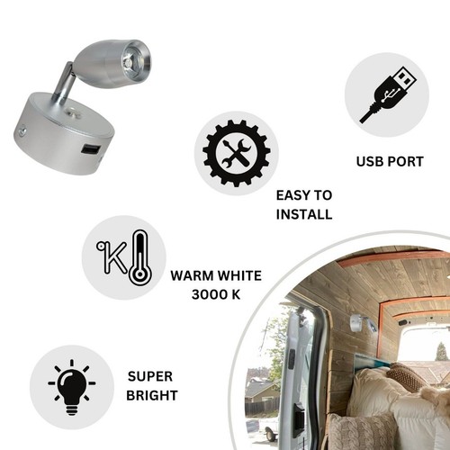 12V LED Reading Light Touch Dimmable Spotlight USB Caravan Campervan Boat 3W Lam - Picture 3 of 12