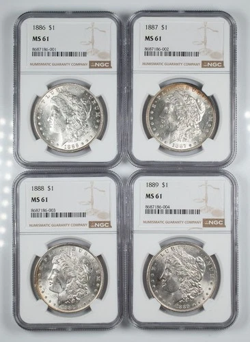 Certified 1886 1887 1888 1889 Morgan Silver Dollars NGC MS61 Lot of 4 $1