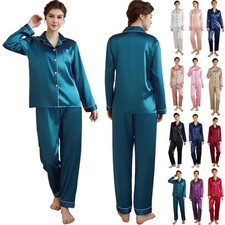 Womens Ladies Satin Long Sleeve Pajamas Set Dressing Gown Pjs Loungewear Pyjamas