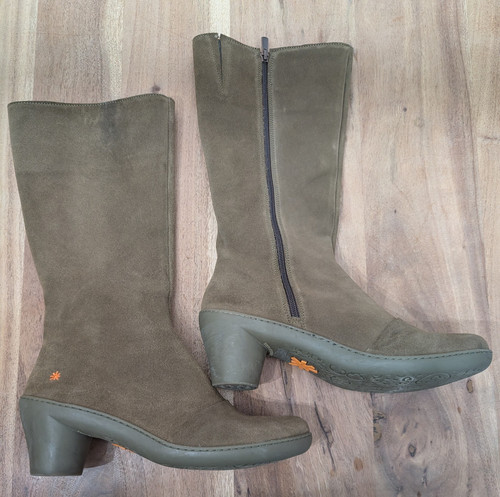 The Art Company 1449 Green Lux Suede Long Zip Up Boots Sz 42 Chunky Heel - Picture 1 of 7