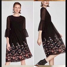 Zara midi black floral bell sleeve small dress NWT