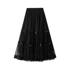 Casual Plain Color Bow Tulle Mesh Skirt Sweet Elastic Waist Midi A-line Skirt