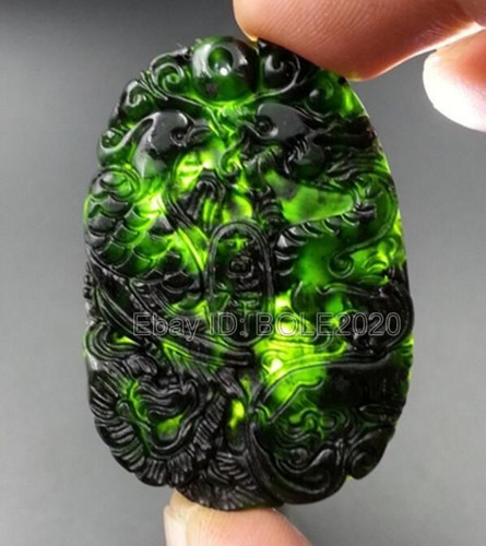 Natural Black Green Jade Carved Chinese Dragon Phoenix Pendant Necklace Jewelry - Picture 1 of 6