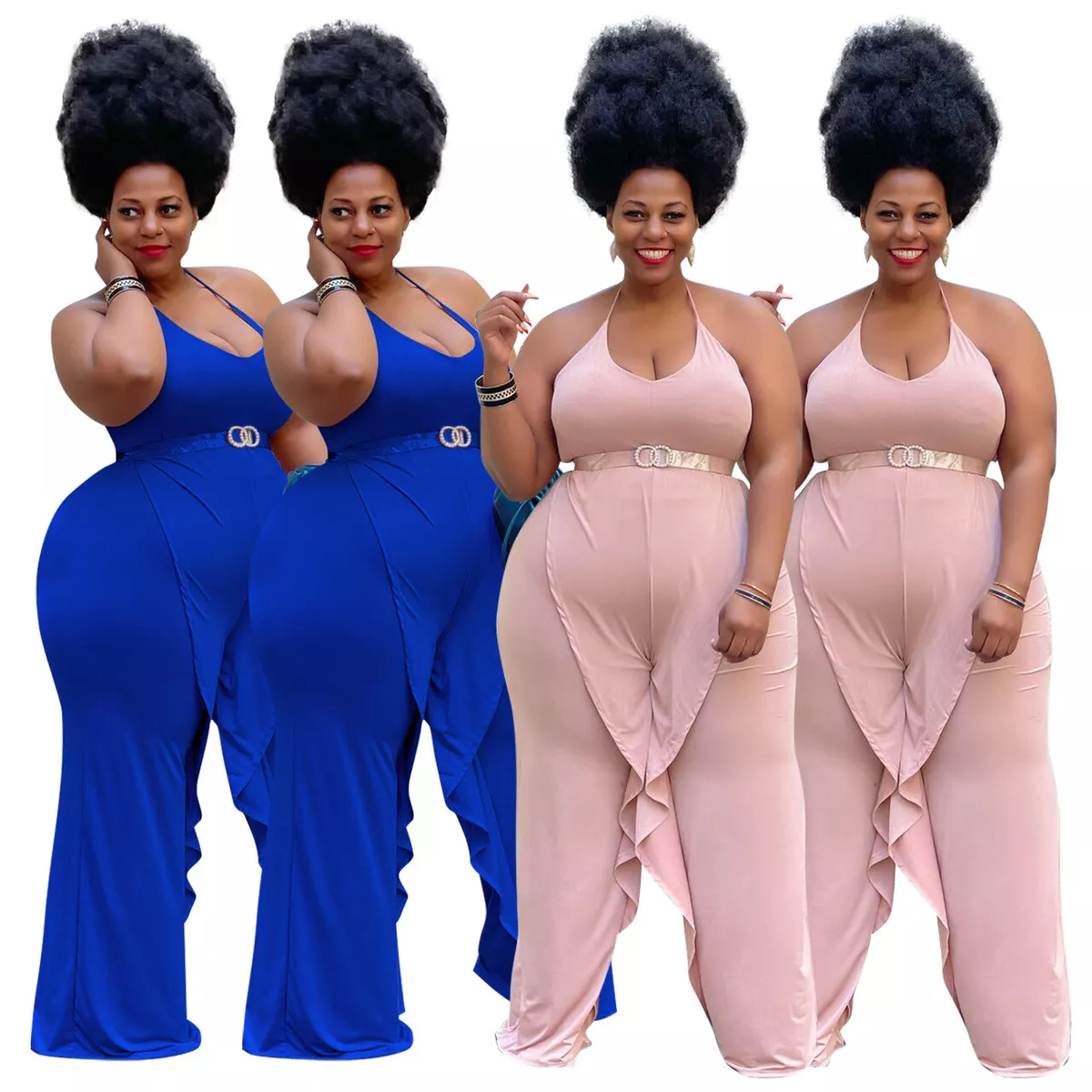 New Plus Size Sexy Women Halter Ruffled Patchwork Solid Club