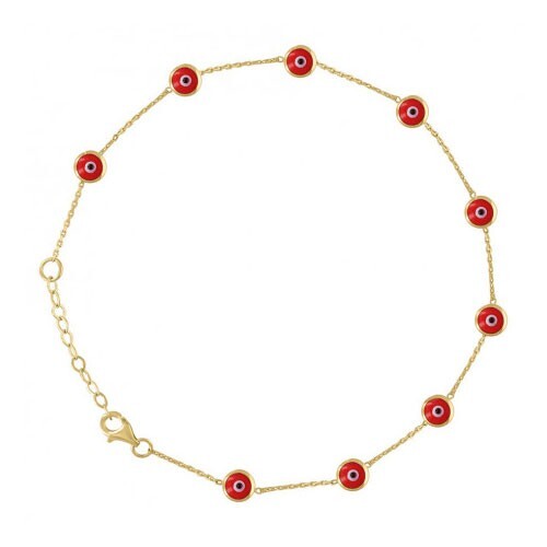10kt Yellow Gold Womens Red Black Enamel Evil Eye Chain Anklet Size 10 Inches - Picture 1 of 2
