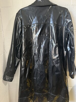 90s Rare WDNY PU Shiny Leather Raincoat, Black Long Overcoat