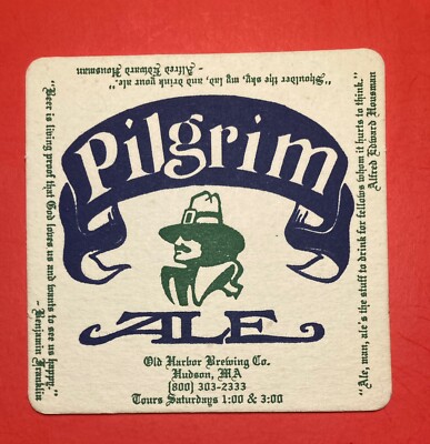 PILGRIM OLD HARBOR BREWING HUDSON MASS. 4 INCH SQUARE BEER COASTER RARE VINTAGE