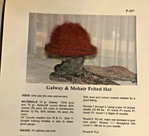 VTG `96 JOHANNA Designs Galoway & Mohair P-107 KNIT FELTED Hat Pattern Roll Brim - Picture 4 of 5