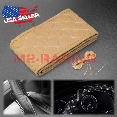 Beige PVC Quilted Leather Steering Wheel Cover With Needle Thread DIY SIZE M #KX