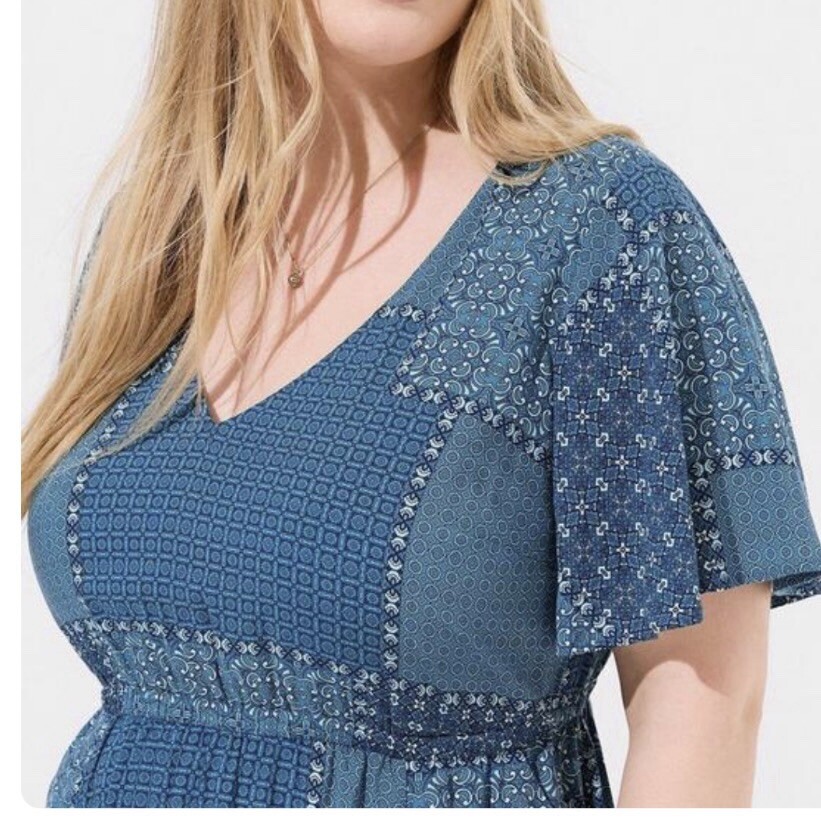 Torrid Blue Patchwork Short Sleeve Pockets Challi… - image 2