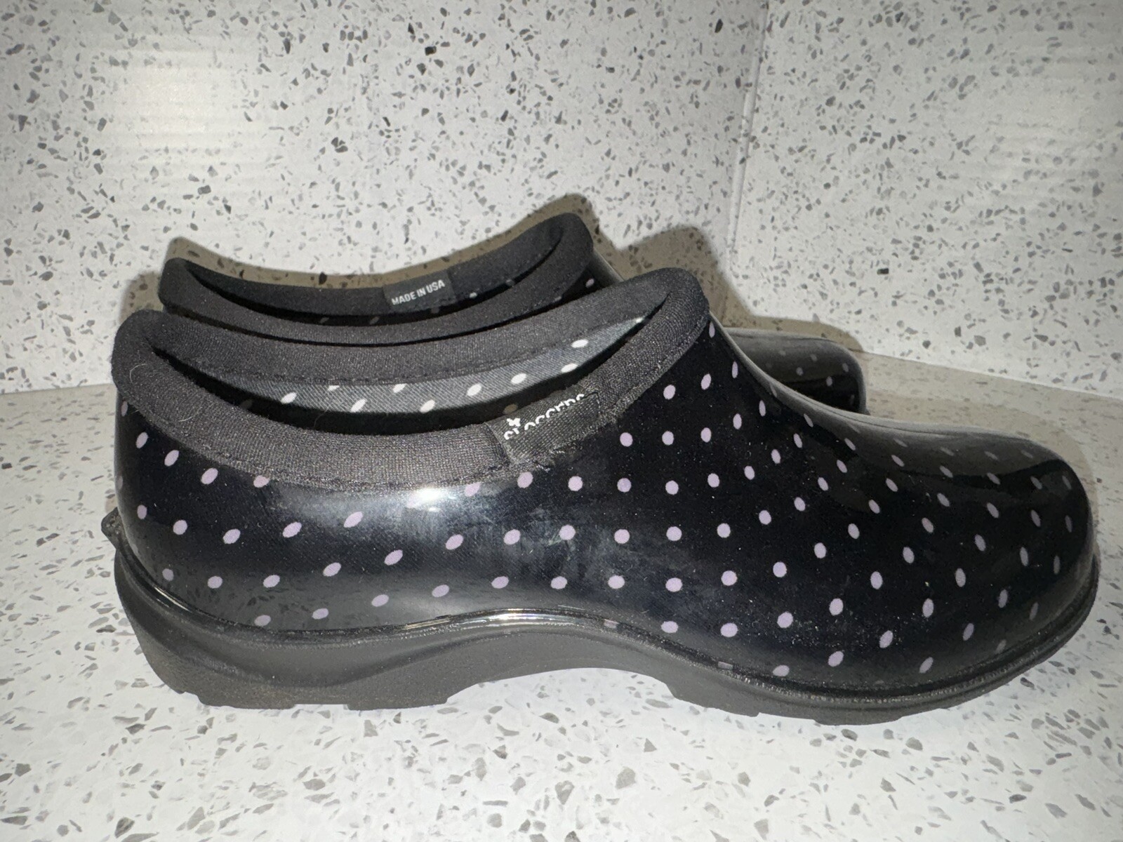 Sloggers Womens Rain Garden Slip on Clogs Black with Polka Dots Size 9
