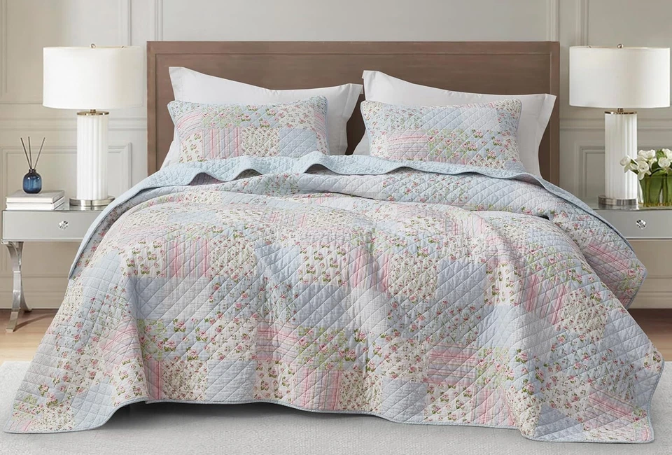 Blue Pink Shabby Chic Floral Bedspread Coverlet Set Pre-Washed Cotton Quilt Set - Image 2 of 4