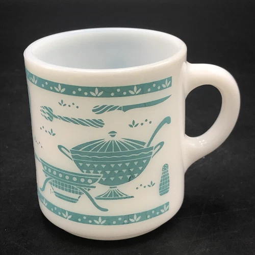 Vintage HAZEL ATLAS KITCHEN AIDS White & Teal Blue Mug Cup Milk Glass EUC