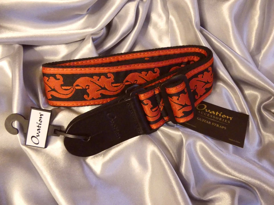 Ovation Guitar Strap Red And Black w/Leather Ends Retro Signature Leaf Design - Image 2 of 4