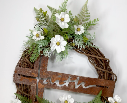 RUSTIC METAL FAITH CROSS GRAPEVINE FLORAL EVERYDAY WREATH CHRISTIAN EASTER NEW - Video 1 of 1
