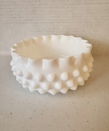 Vintage Fenton Milk Glass Hobnail Ruffled  Decorative Candy Dish Bowl