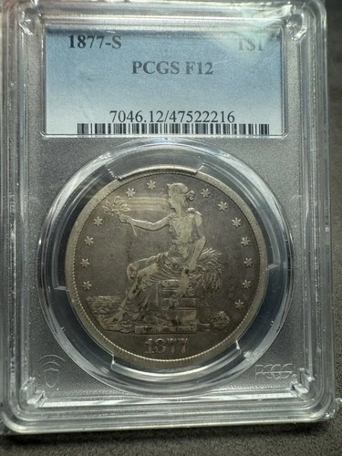 1877-S Trade Dollar • T$1 • PCGS F12 • Silver Coin • Problem Free Pcgs Straight