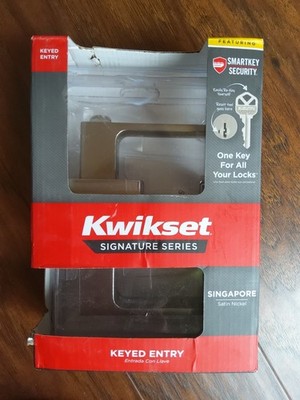 Kwikset Singapore Square Keyed Entry Door Handle SmartKey Satin Nickel 97402-911