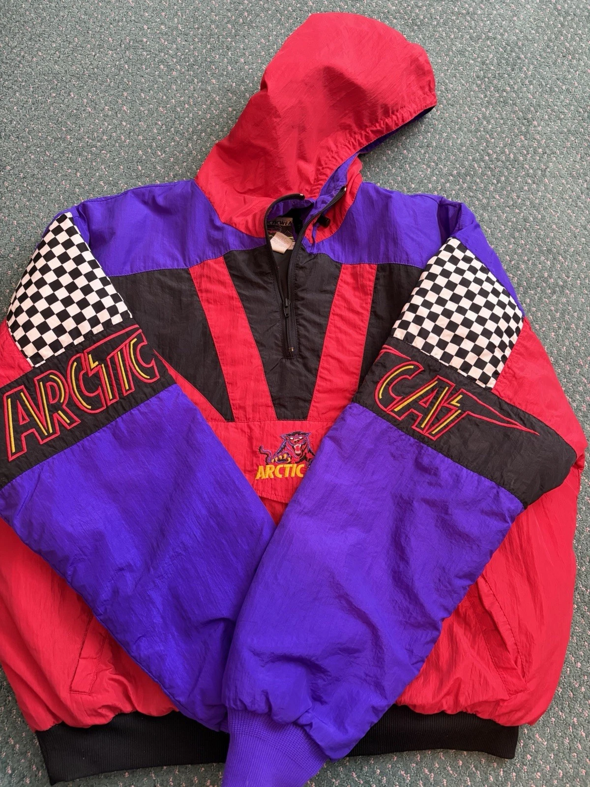 Vintage 90s Arctic Cat Race Cat Pullover Jacket XXL Checkered Snowmobile USA image 10