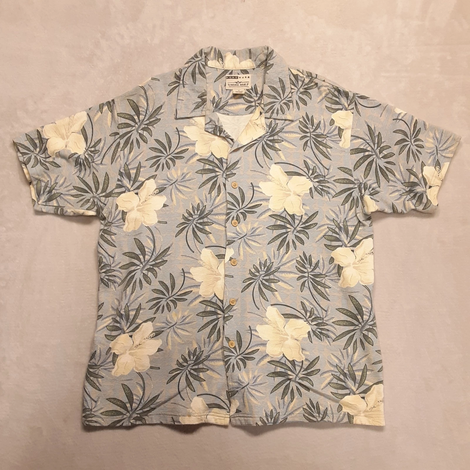 Natural Issue Floral Print Button Shirt L Beige Blue Worn Wash Ribbed Cotton