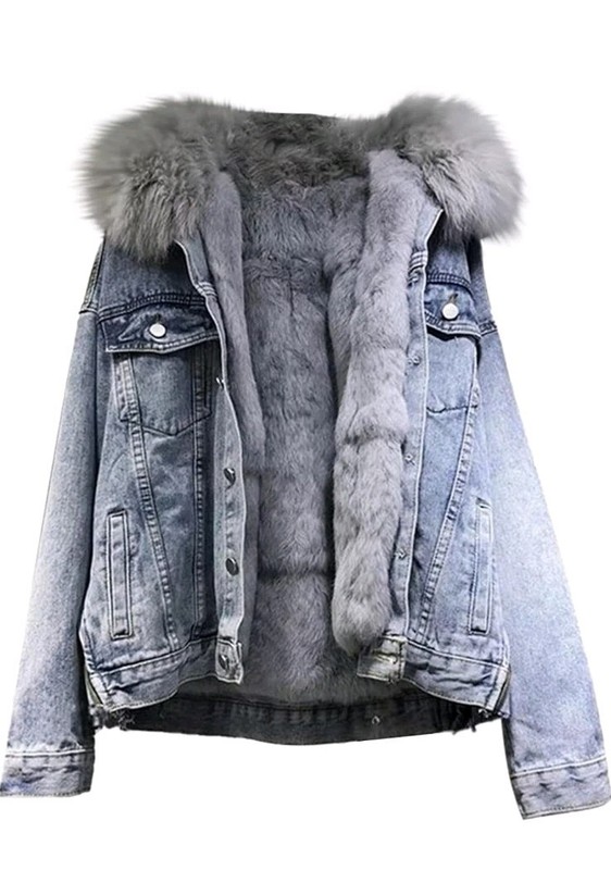 Women’s Oversized Denim Jacket with Fur Warm Fleece Lined Winter Coat Parka New