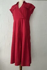 Women’s Dress 100% Linen Red  Midi Box Pleats High Waist STYLE@Co EUC