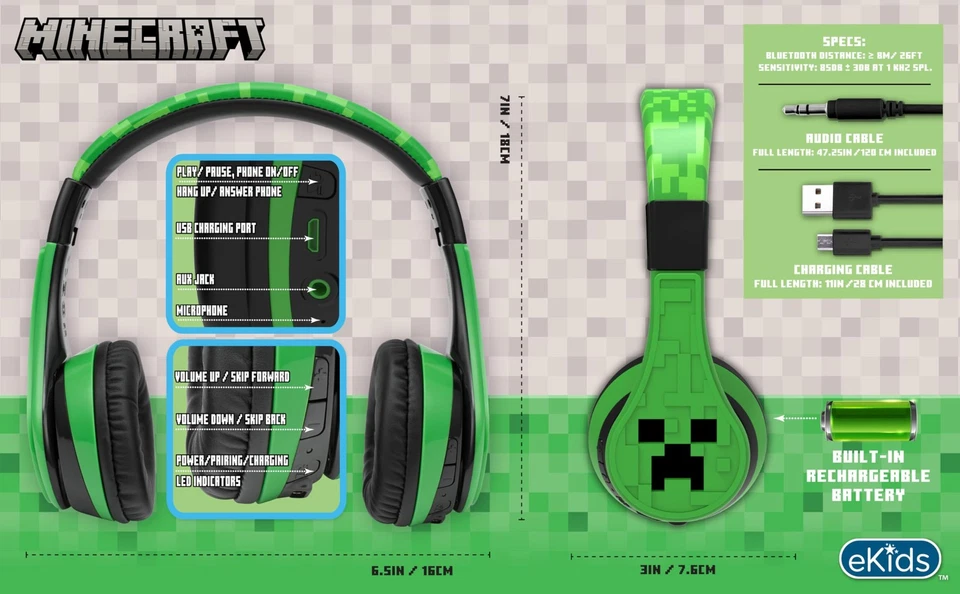 Minecraft Bluetooth Headphones, Wireless Headphones with Microphone Includes ... - Image 3 of 4