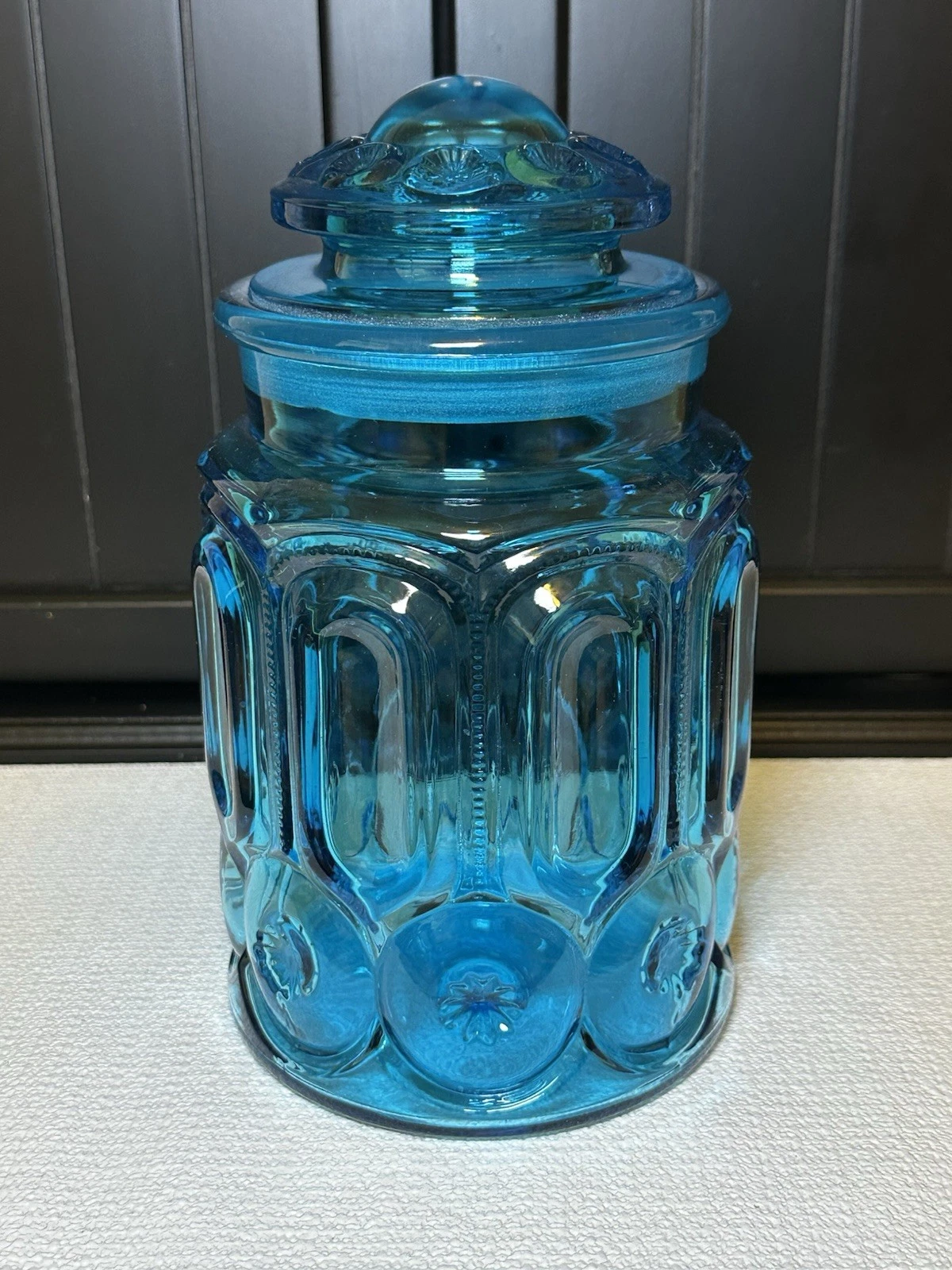 L.E. Smith Moon & Stars Blue Apothecary Jar Canister 9.5" with lid