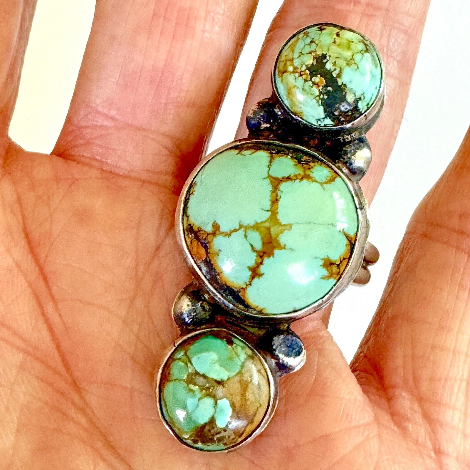 Navajo Spiderweb Turquoise Ring Sz 9 Three Stone Mod Long Antone Harley Sterling