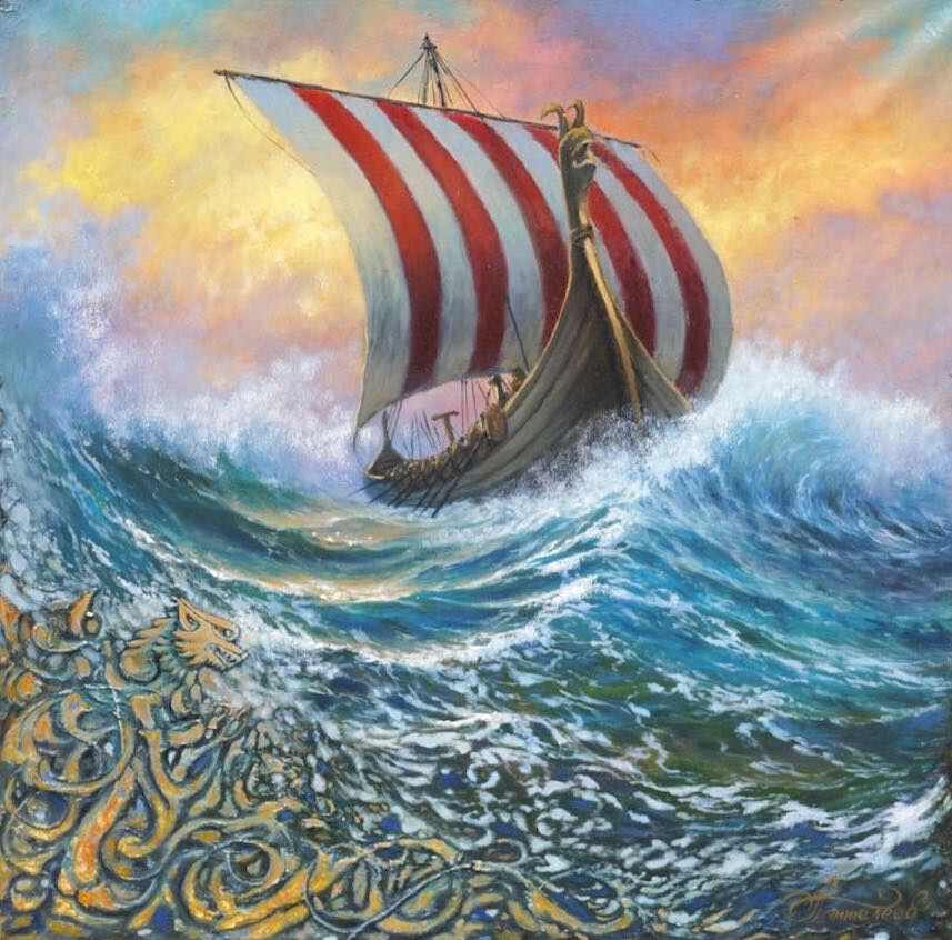 BEAUTIFUL ORIGINAL VIKING LONGSHIP PAINTING VIKINGS NORSE