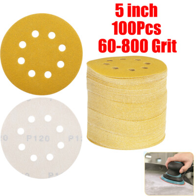 100X 5'' Sanding Discs 60-800 Grit Assortment Hook Loop 8 Hole Orbital Sandpaper