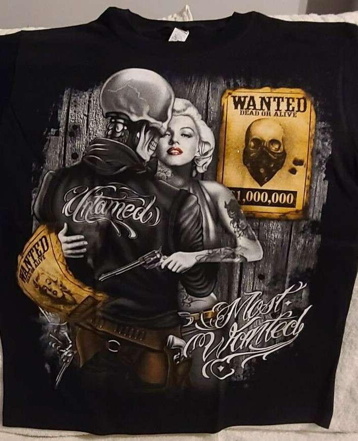SKELETON SKULL MARILYN MONROE GUN TATTOO UNTAMED MOST WANTED T