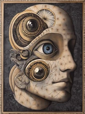 Steampunk Surreal Face with Golden Gears and Cosmic Eyes Poster 18x24in