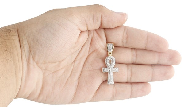 Alternate view of 10k Yellow Gold Plated Diamond Egyptian Ankh Cross Pendant 1.5" Pave Lab Created