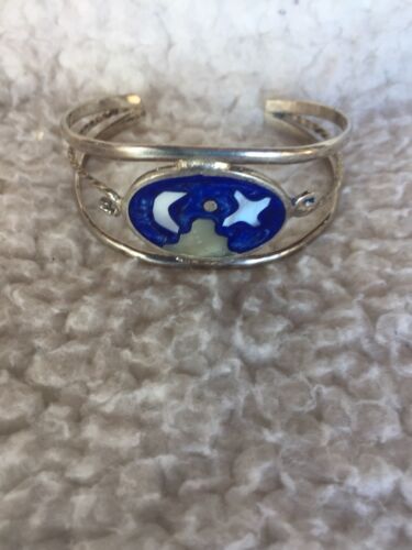 Alpaca Mexico Girl's Cuff Bracelet With Moon & Star Night Scene Very Small - Picture 3 of 7