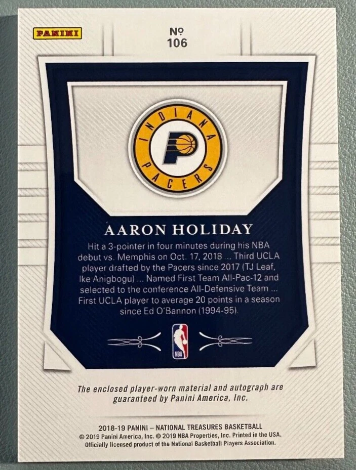 AARON HOLIDAY 2018-19 Panini National Treasures Rookie Patch Autograph RPA 32/99 - Image 2 of 2