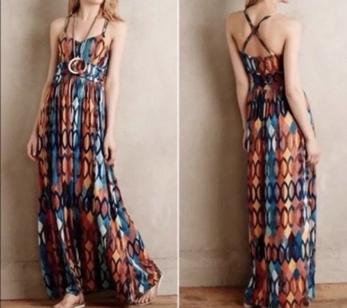 Anthropologie Maeve Noetzie Jersey Knit Western Geometric Maxi Dress Pockets XS - Picture 2 of 19